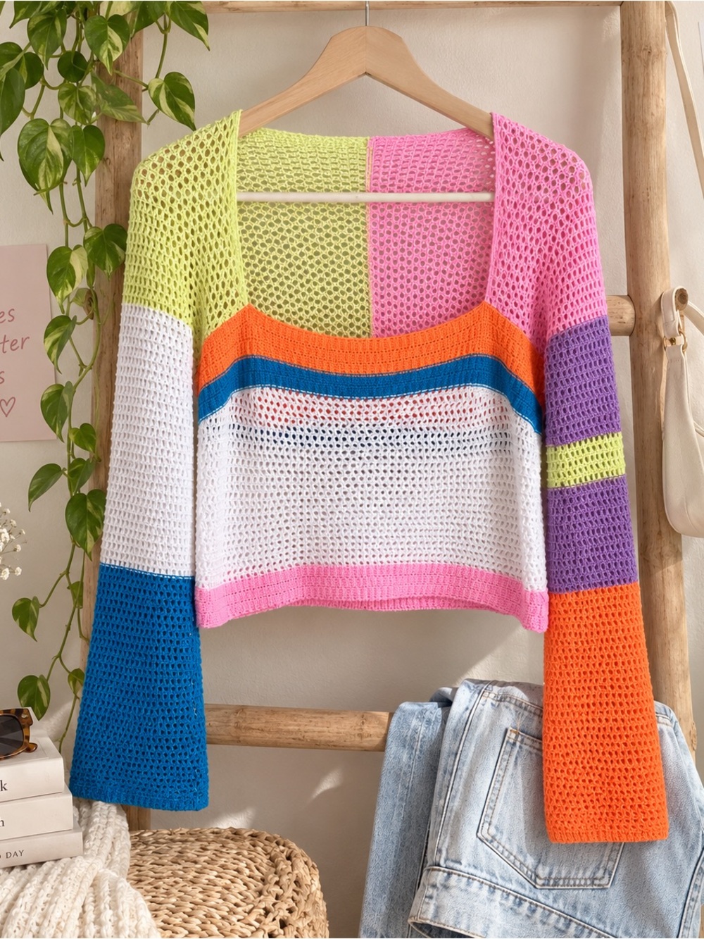 Women’s Colorblock Crochet Open Knit Crop Top Bell Sleeve Size S - Picture 2 of 6